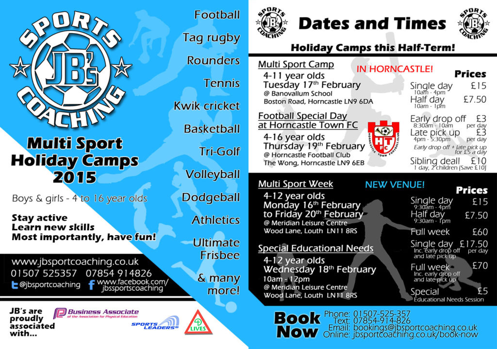 A Flyer for JBs Sports Coaching – Showing Multi Sport Holiday Camps February 2015. (Front and back of flyer combined)