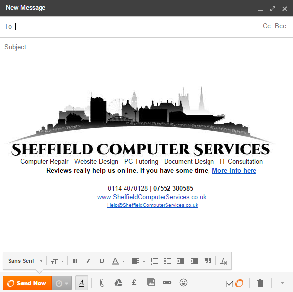 Sheffield Computer Services’ HTML email signature with logo and hyperlinks