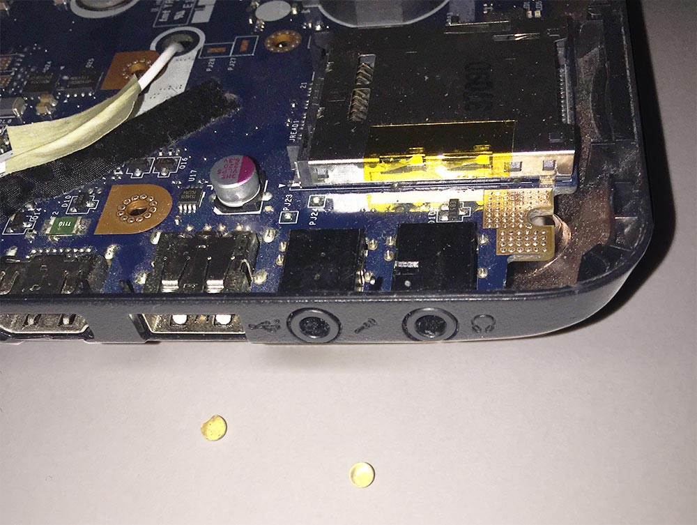 Really unusual job here which required a unique fix. Some silica balls (the type used to absorb moisture in packaging) had got stuck in the mic and headphone jacks of a laptop! We had to completely dismantle the laptop to be able to carefully removed the balls from the jacks.