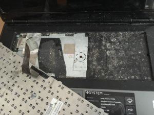 Underneath a keyboard. This keyboard had to be replaced because a key wasn’t working at all, and others were intermittently working. You can see why the keyboard was failing if this much dirt was underneath it.