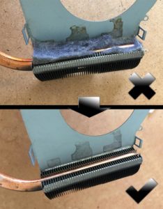 Really dirty heatsink. This laptop was getting too hot to be able to touch for more that a second or two. The fan also sounded like it was taking off, and you can see why…so much dust meant the fan had to work super hard. When this was removed and the heat sink polished for a bit of added dust resistance, the laptop was repaired and good as new.