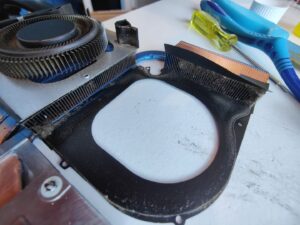 GPU heatsink before cleaning (Sheffield Computer Services repair near me Heeley S2)